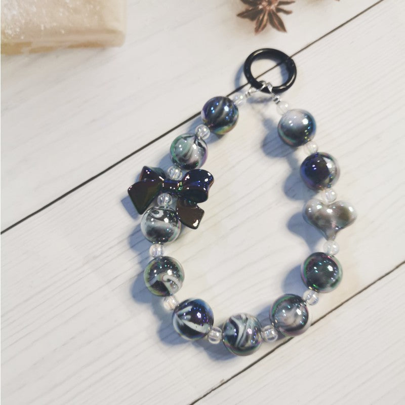 Wholesale Electroplated beaded bow car key chain mobile phone pendant cute candy color paint ring pearl accessories bag